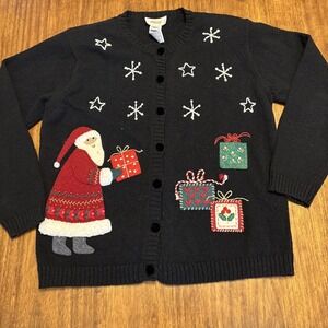 Talbots Petites S Christmas Sweater PeBlack Santa Snowflakes Presents Holiday